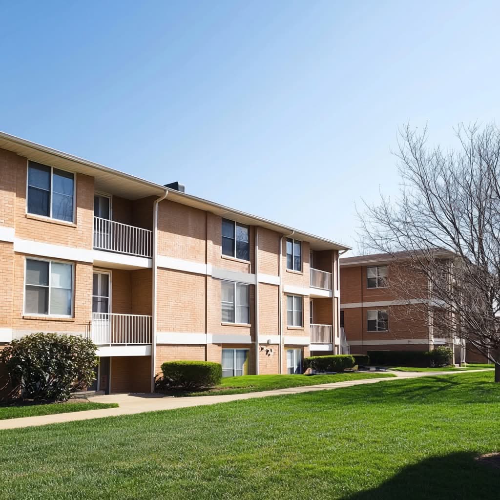 Brick apartment complex featuring balconies and well-maintained green lawns on a sunny day with a clear blue sky.