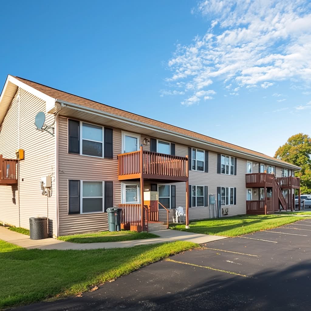 Suburban apartment building with wooden balconies, surrounded by a neatly maintained lawn and parking area under a sunny blue sky.