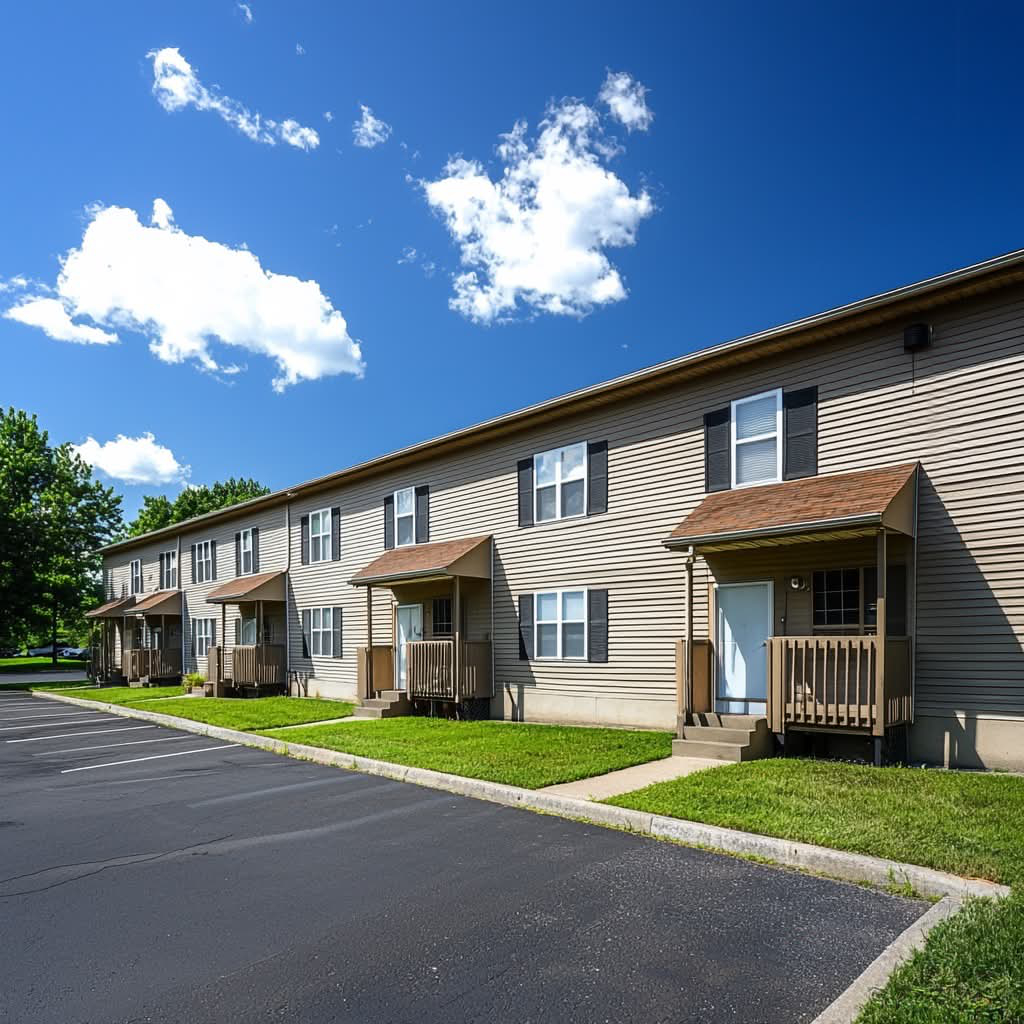 Row of townhouse-style apartments with small front porches, a paved parking lot, and green lawns under a bright blue sky with scattered clouds.